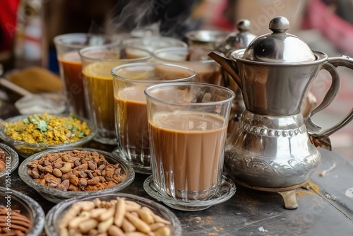 Indian chai in glass cups with metal kettle and other masalas to make the tea.  photo