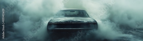 A transparent ghost driving a car made of smoke, the environment around them thick with haze, giving an ethereal, otherworldly feel photo