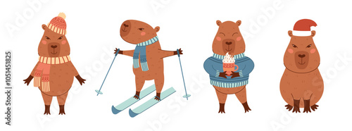 Christmas capybara collection. Capybara on skis, sweater with coffee mug, hat and scarf, santa hat. Winter set with cute animal character. Vector illustration for print, scrapbooking, social media.