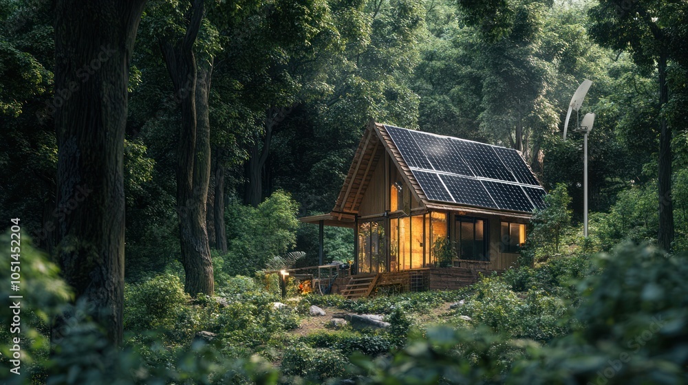 A cabin deep in the forest, running entirely on grid-independent power from solar panels, wind turbines, and a backup biofuel generator A cabin deep in the forest, running entirely on grid-independent power from solar panels, wind turbines, and a backup biofuel generator