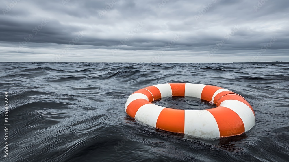 Naklejka premium An orange and white life preserver floats in choppy water against a backdrop of stormy clouds.