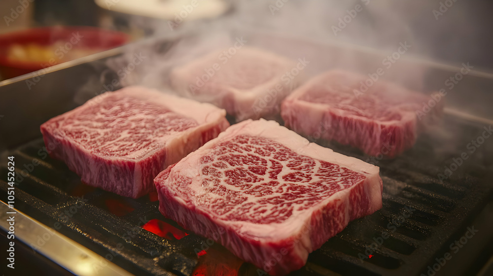 Fototapeta premium Grilling Marbled Beef Steaks on a Hot Grill