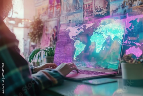 Person analyzing global trends on a laptop in a travel agency