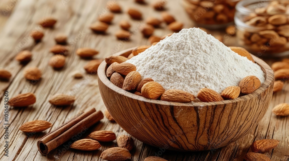 Bowl of almond flour surrounded by almonds and cinnamon sticks on wooden table. Bowl of almond flour surrounded by almonds and cinnamon sticks on wooden table.
