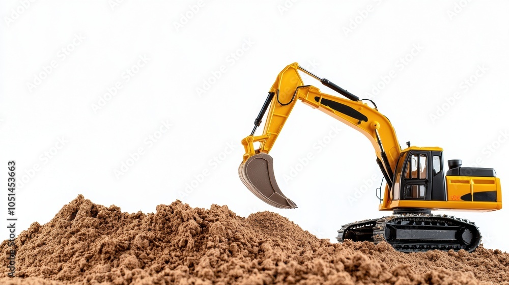 Yellow Excavator Digging into Pile of Soil at Construction Site Yellow Excavator Digging into Pile of Soil at Construction Site
