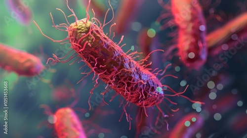 A close-up, microscopic view of Salmonella enterica bacteria, revealing their rod-like structure and the numerous flagella that aid in their movement. Speculative Medical illustrative image photo