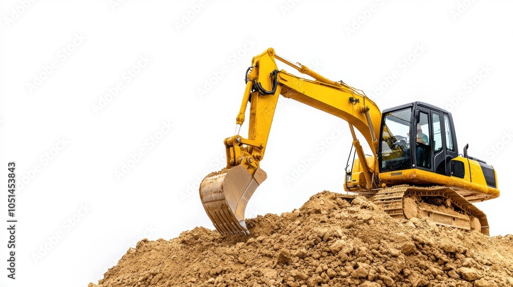 Powerful Yellow Excavator Digging at Construction Site for Building Development Powerful Yellow Excavator Digging at Construction Site for Building Development