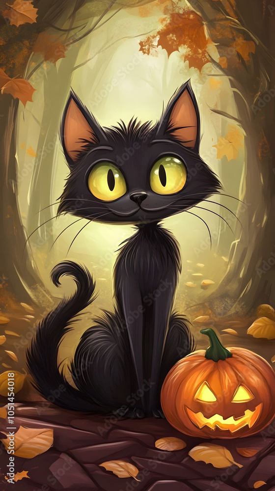A playful black cat with yellow eyes surrounded by pumpkins under a moonlit night, capturing a fun Halloween vibe A playful black cat with yellow eyes surrounded by pumpkins under a moonlit night, capturing a fun Halloween vibe