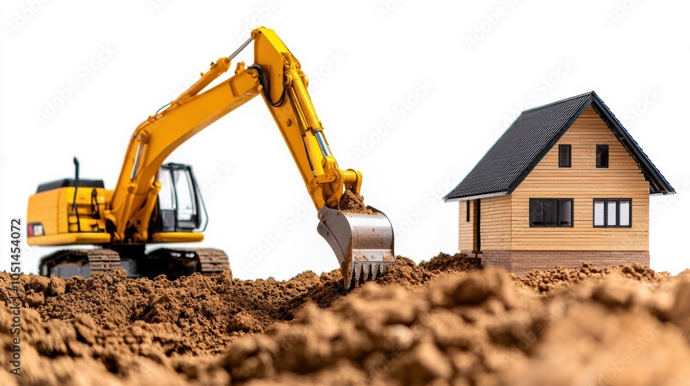 Excavator Digging at a House Construction Site in Rural Landscape Excavator Digging at a House Construction Site in Rural Landscape