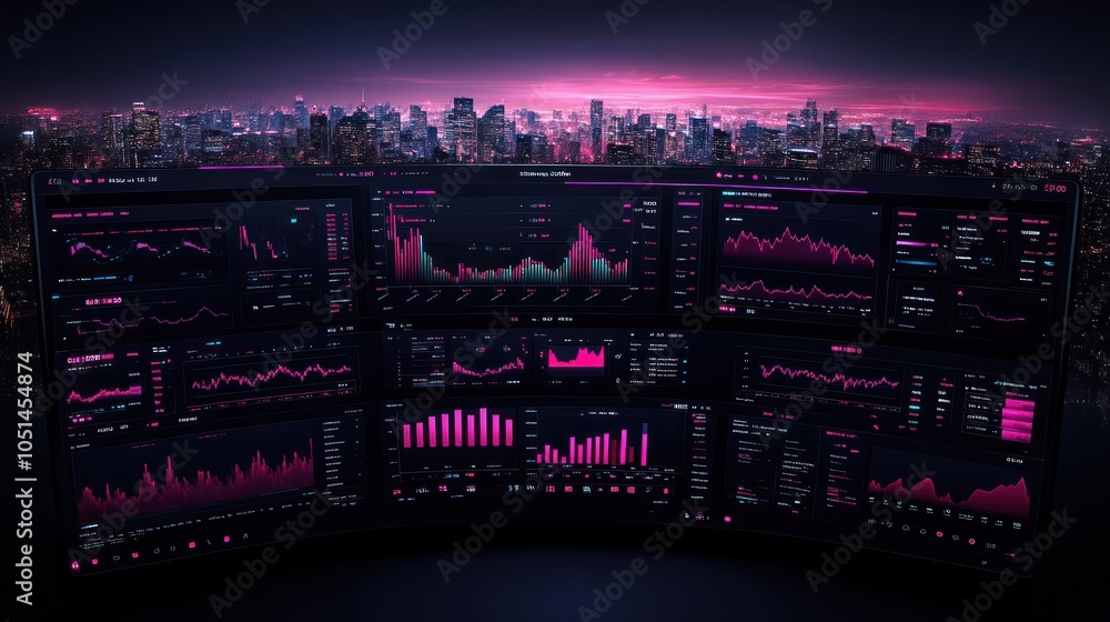 Futuristic Cyber City Night with Multiple Data Screens Displaying Graphs and Charts Futuristic Cyber City Night with Multiple Data Screens Displaying Graphs and Charts
