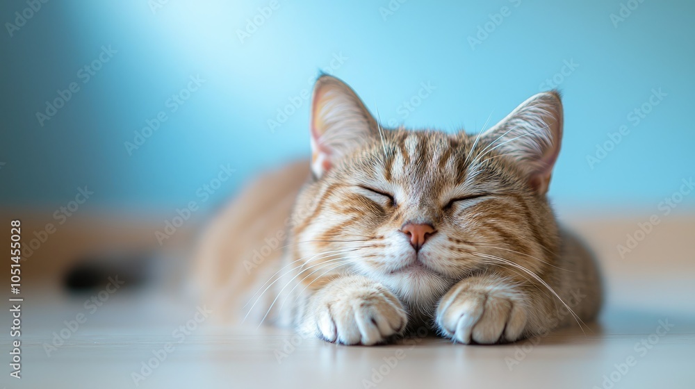 A brown tabby cat with closed eyes, lying on a wooden floor, with a blue background. A brown tabby cat with closed eyes, lying on a wooden floor, with a blue background.