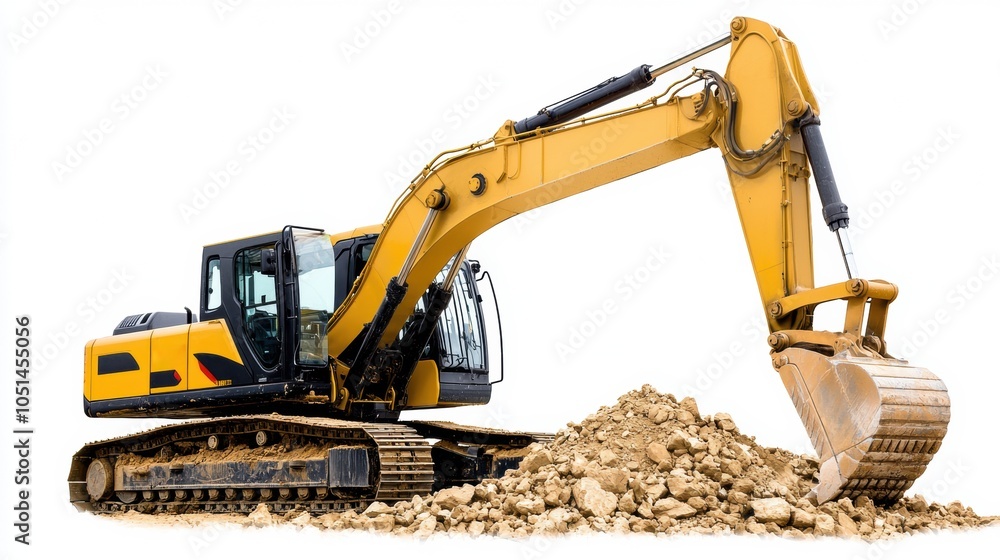 Powerful yellow excavator machine digging and moving gravel and rocks at construction site Powerful yellow excavator machine digging and moving gravel and rocks at construction site