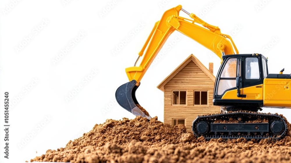 Obraz premium Excavator Digging Foundation for New House Construction at Development Site