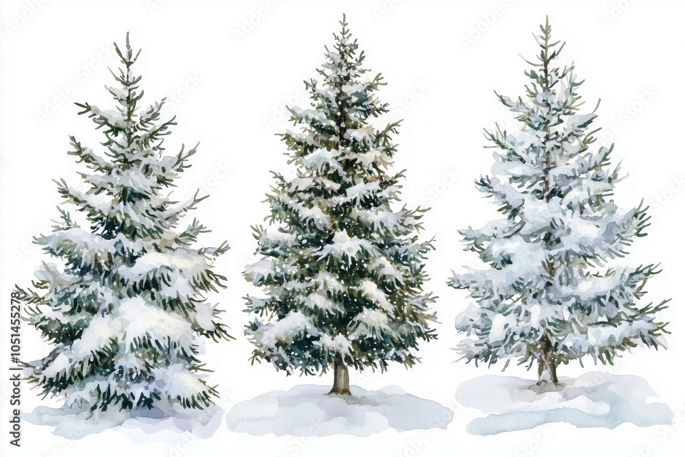 Fototapeta premium Set of Christmas fir tree covered by snow watercolor painting clipart. Design elements for winter holiday greeting cards, invitations, wall art. vector illustrations isolated on white 