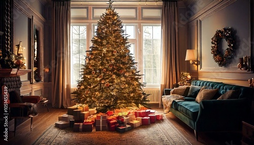 Decorated Christmas Tree in a Cozy Living Room with Gifts photo