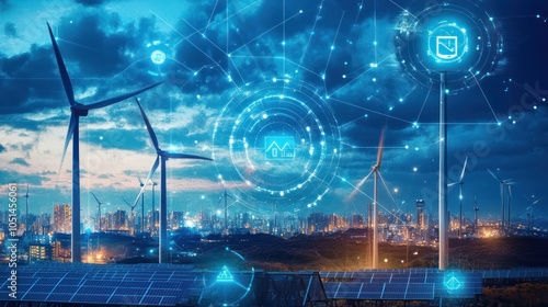 A renewable energy plant using digital electrical management software to balance energy production from solar panels and wind turbines, ensuring optimal output for the grid