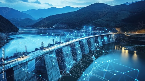 A digital water management hub controlling a dam and reservoir system, using real-time data to balance water supply and flood control efforts photo