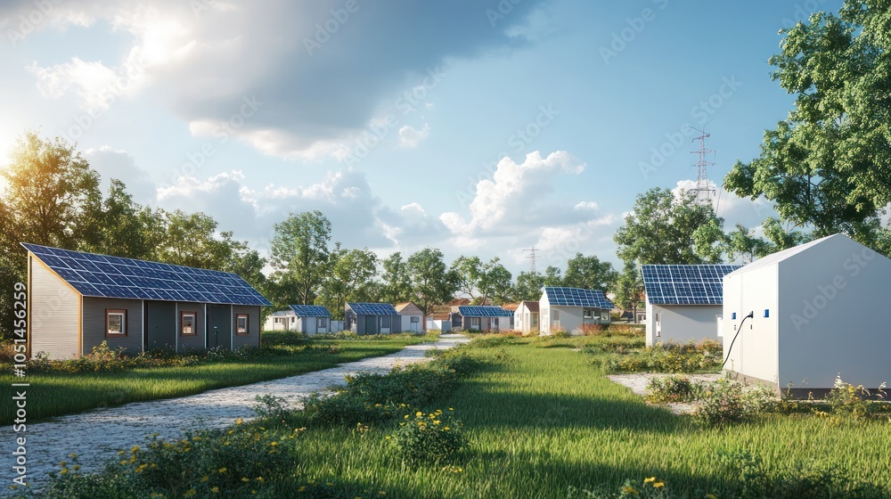 Obraz premium A decentralized electricity network in a small town, where each home generates its own power through solar panels and stores excess energy in shared community batteries