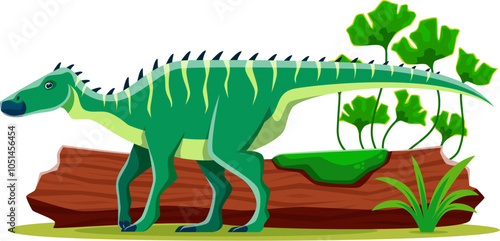 Shantungosaurus prehistoric dinosaur character. Isolated vector large herbivore dino with green striped skin, long tail standing at natural Late cretaceous period landscape with tree log and plants