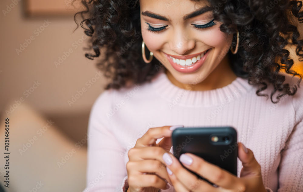 Woman smiling while holding a black smartphone Woman smiling while holding a black smartphone