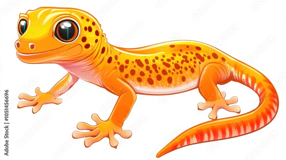 Obraz premium A cartoon illustration of a yellow and orange gecko with black spots, smiling and looking to the left.