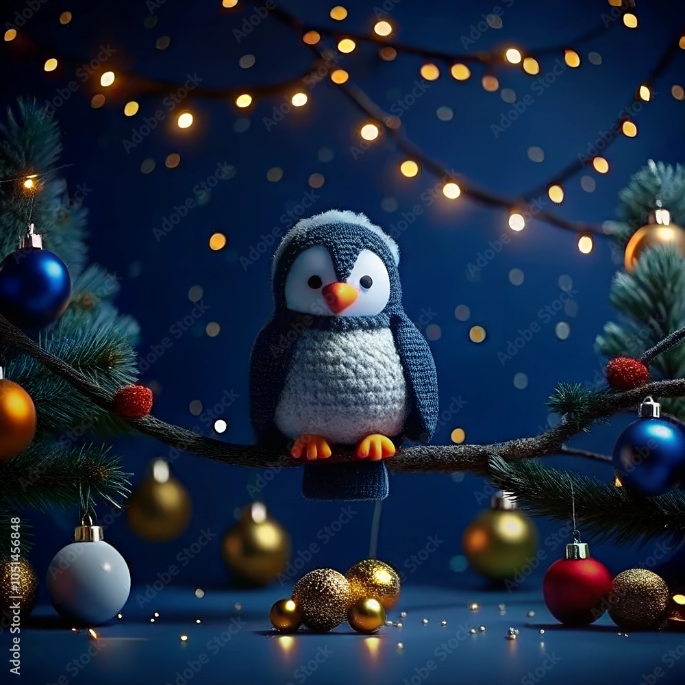 Obraz premium Christmas gift penguin bird in Santa Claus hat, set 3D toy character and decoration. Winter holiday template, festive design, seasonal present. Greeting collection Merry Christmas and Happy New Year.
