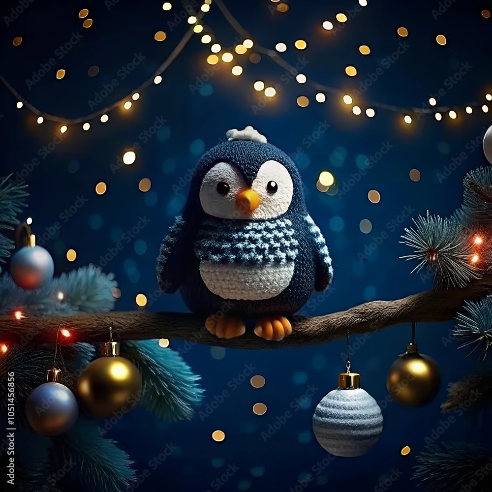 Obraz premium Christmas gift penguin bird in Santa Claus hat, set 3D toy character and decoration. Winter holiday template, festive design, seasonal present. Greeting collection Merry Christmas and Happy New Year.