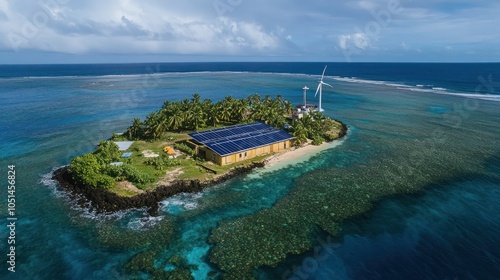 A microgrid electrical system providing power to a remote island, utilizing a combination of solar, wind, and battery storage to maintain energy independence
