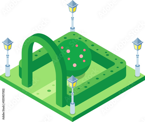 Isometric projection of a green city park featuring an arch, hedges, street lamps, and a central round topiary.