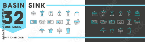 Kitchen, bathroom and basin sink line icons of water faucet taps, vector symbols. Bath and toilet room furniture icons of sink cabinet and water tap on countertop, ceramic bowl and basin for washing