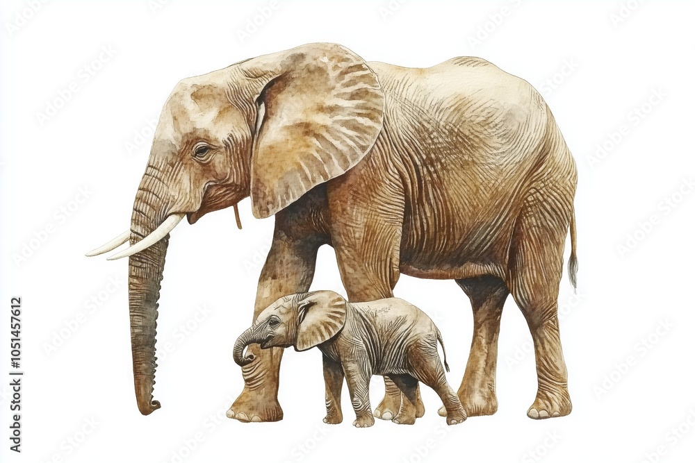Fototapeta premium watercolor animals - african elephant with a kid 