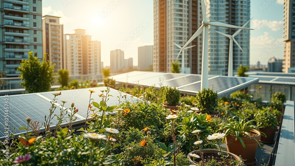 Urban Rooftop Garden with Solar Panels and Wind Turbine Urban Rooftop Garden with Solar Panels and Wind Turbine