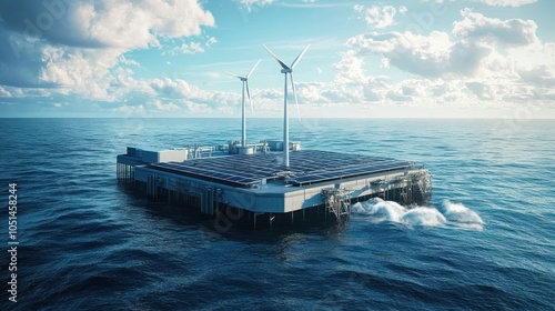 An offshore desalination platform harnessing the power of wind and solar energy to produce potable water from seawater, delivering fresh water through pipelines to shore