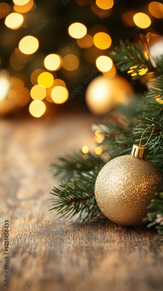 beautiful Christmas scene featuring golden ornament resting on pine branches, surrounded by warm, glowing lights. festive atmosphere evokes joy and celebration beautiful Christmas scene featuring golden ornament resting on pine branches, surrounded by warm, glowing lights. festive atmosphere evokes joy and celebration