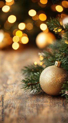 beautiful Christmas scene featuring golden ornament resting on pine branches, surrounded by warm, glowing lights. festive atmosphere evokes joy and celebration