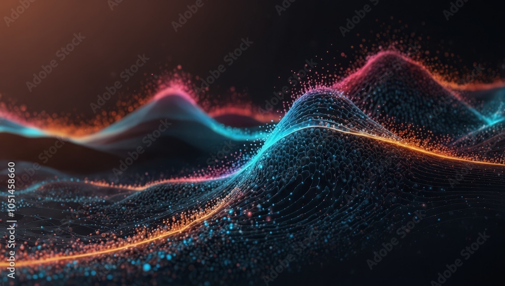 Obraz premium Dots on 3D wave landscape. Connection through technology background concept. Digital world, virtual reality, cyberspace, metaverse concept. Data science and digital particle