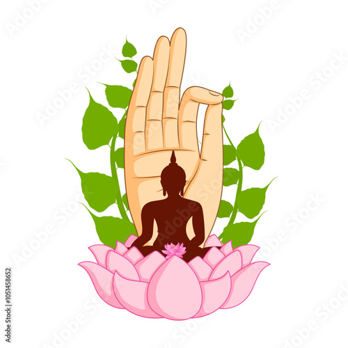 Vector illustration of Buddha sitting on lotus with hand gesture in back on transparent background