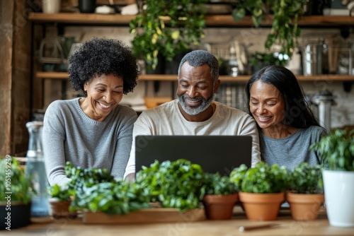 A financial planner showing an elderly couple their growing investments on a laptop. They look relieved and happy, Generative AI photo