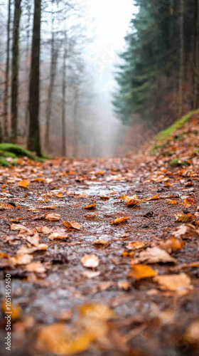 serene forest path covered with fallen leaves creates tranquil atmosphere, inviting exploration and reflection amidst misty surroundings