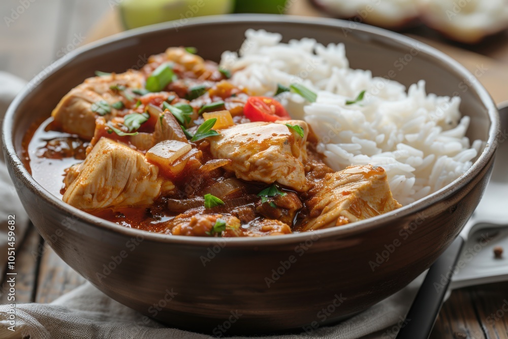 A bowl of chicken curry served with white rice, garnished with herbs, on a wooden table.
A bowl of chicken curry served with white rice, garnished with herbs, on a wooden table.