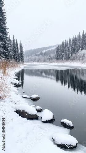 serene winter landscape featuring snow covered riverbank with smooth stones partially submerged in water. scene is framed by tall evergreen trees and soft, overcast sky, creating peaceful atmosphere