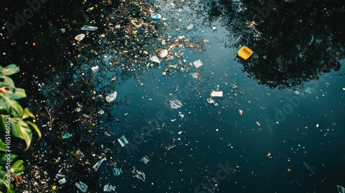 A river polluted with microplastics, with small plastic debris floating on the surface, blending into the natural environment and making cleanup difficult photo