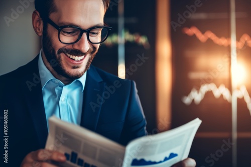 An investor looking at a financial newspaper with a big headline about the bull market. He smiles confidently, Generative AI