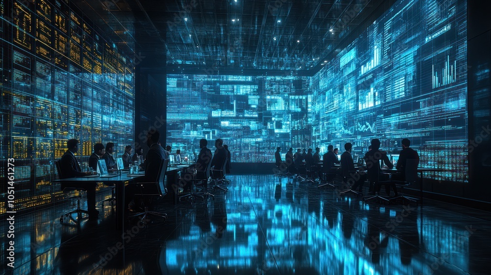 Fototapeta premium Silhouetted Figures Working in a Room Filled with Data Displays