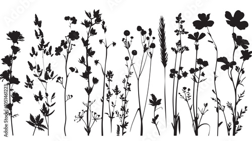 Big floral collections of black silhouettes of meadow herbs