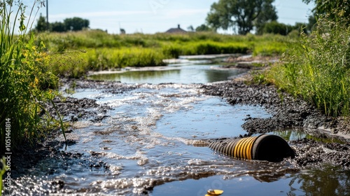 Wallpaper Mural A wastewater treatment plant unable to fully remove pharmaceutical residues, leading to contamination of a river with visible warning signs about water safety Torontodigital.ca