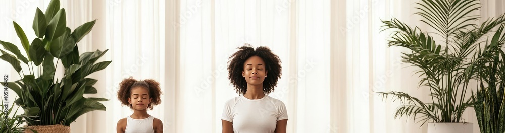 Mother and daughter practicing yoga and meditation at home with plants around. Mother and daughter practicing yoga and meditation at home with plants around.