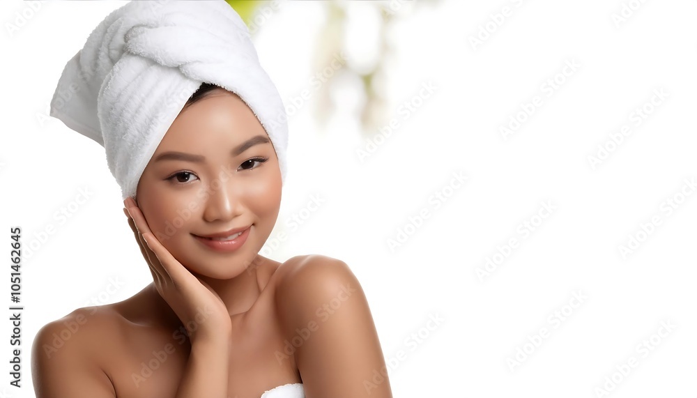 A woman applying skincare in a bright bathroom, surrounded by beauty products and towels, embodies freshness and wellness with a warm smile A woman applying skincare in a bright bathroom, surrounded by beauty products and towels, embodies freshness and wellness with a warm smile