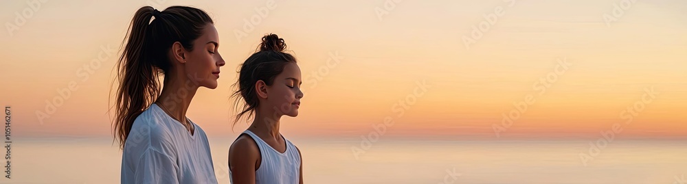 Mother and daughter meditating together by the beach at sunset. Mother and daughter meditating together by the beach at sunset.