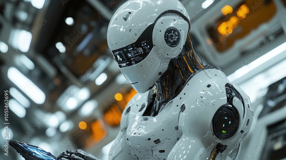 Fototapeta premium A futuristic robot interacting with a digital device in a sleek environment.